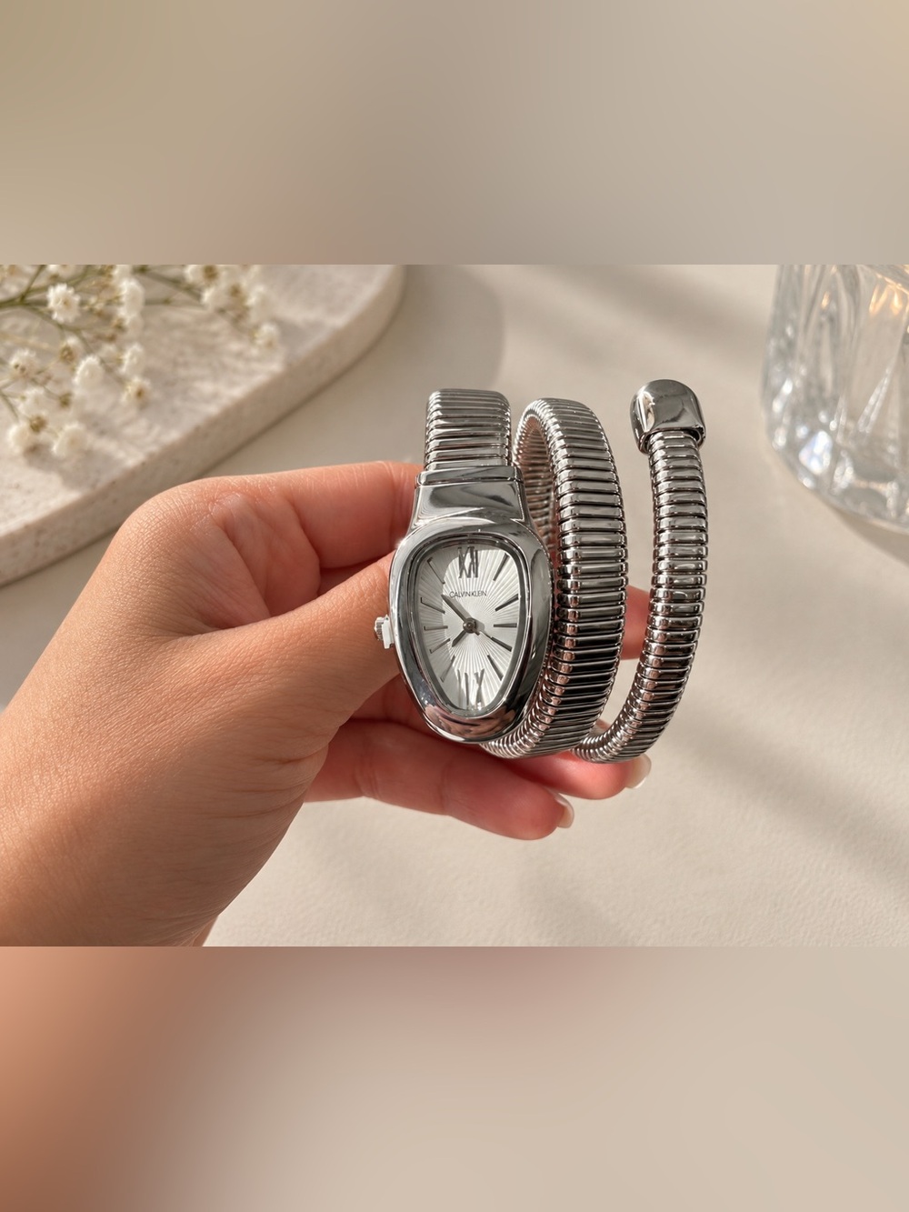 Silver Coil Wrap Watch with Red and Black Bracelet Details